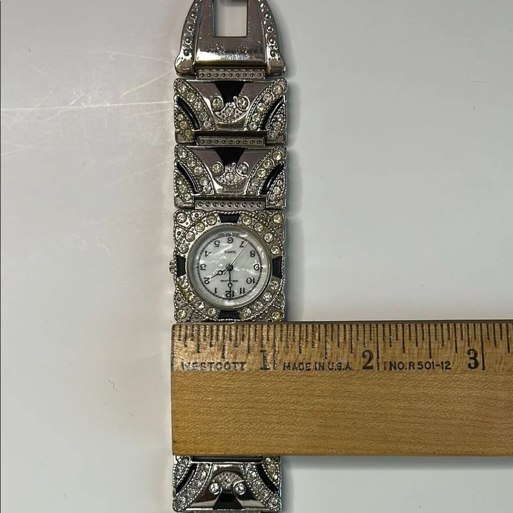 Vintage Dejuno Art Deco silver and black sparkly wide metal quartz watch